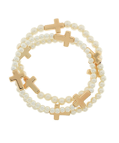 5 Row Cross Station Pearl Bracelet Set