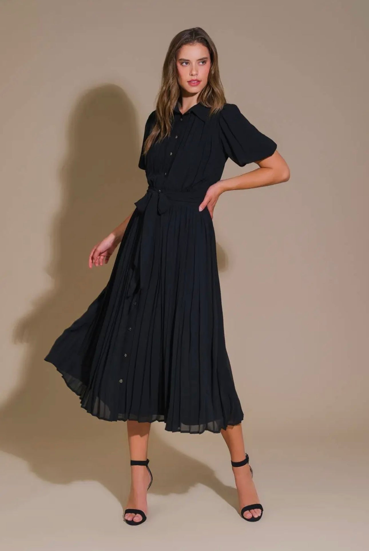Solid Woven Pleated Midi Dress