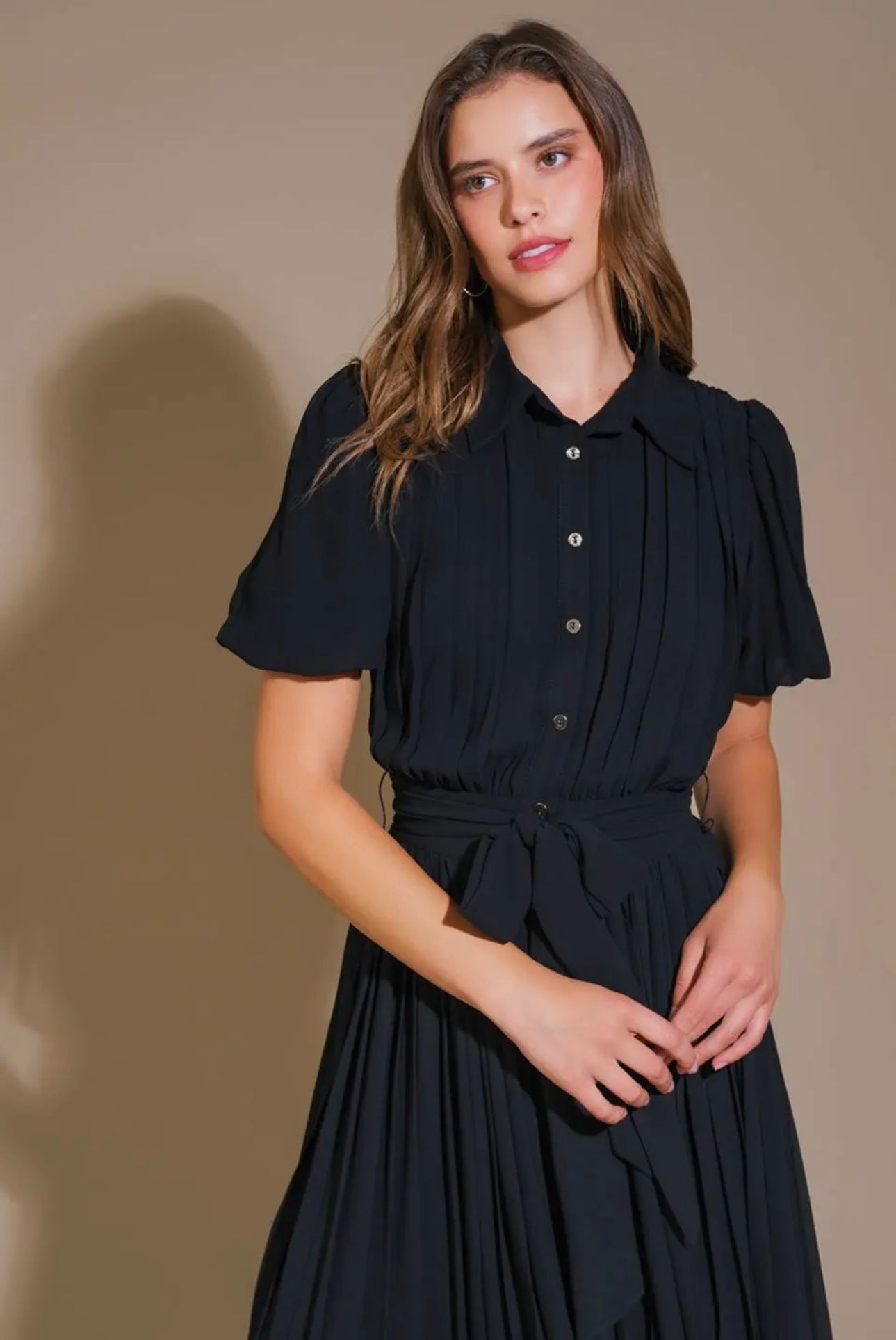Solid Woven Pleated Midi Dress