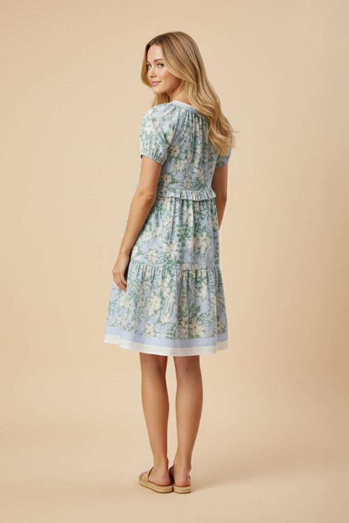 Contrast Banded Puff Sleeve Floral Dress