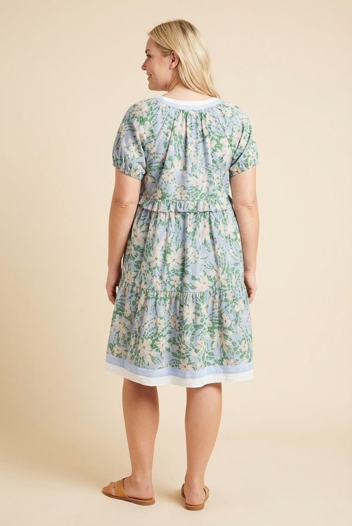 Curvy Contrast Banded Puff Sleeve Floral Dress
