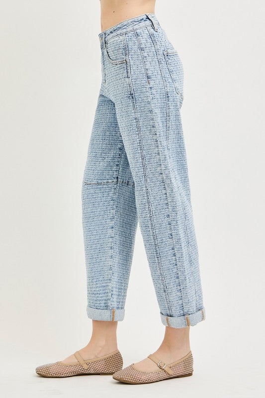 Risen Barrel Textured Denim Jeans