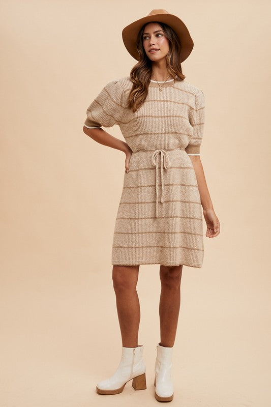 Striped Waist Tie Sweater Dress