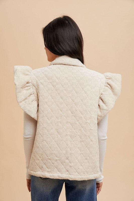 Textured Velvet Quilted Ruffle Sleeve Vest