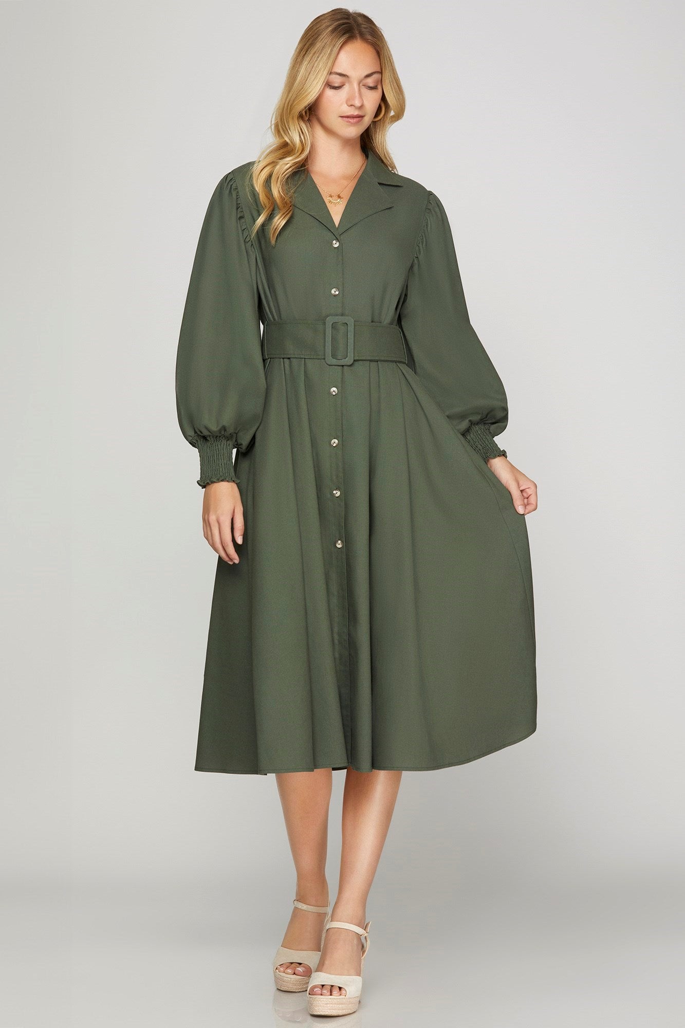 Button Down Belted Midi Dress