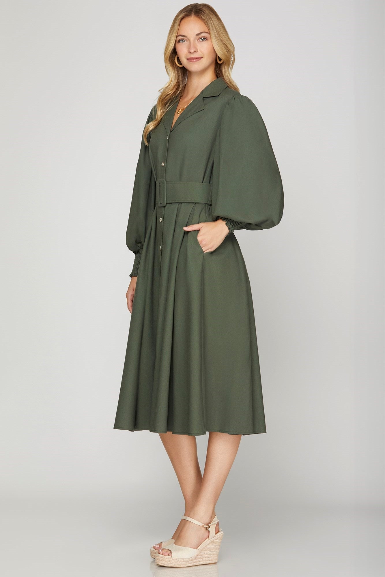 Button Down Belted Midi Dress