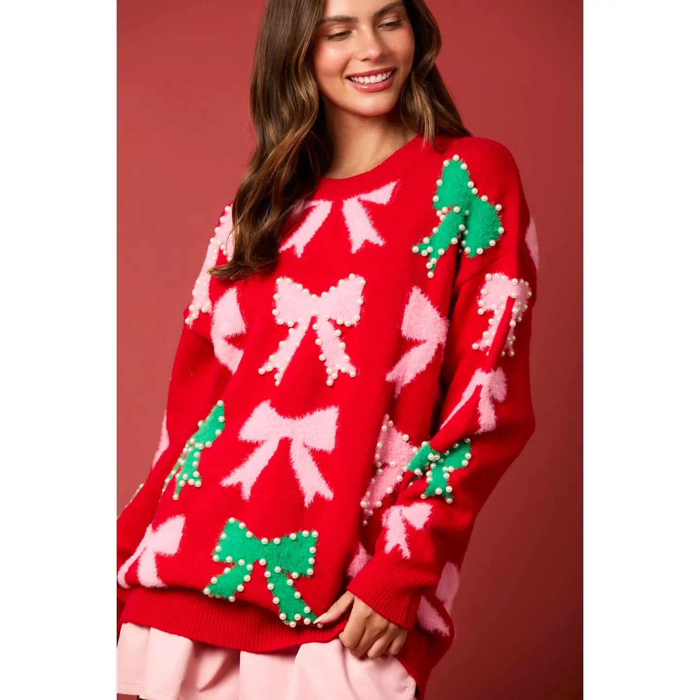 Bow & Pearl Embellished Detail Long Sleeve Sweater