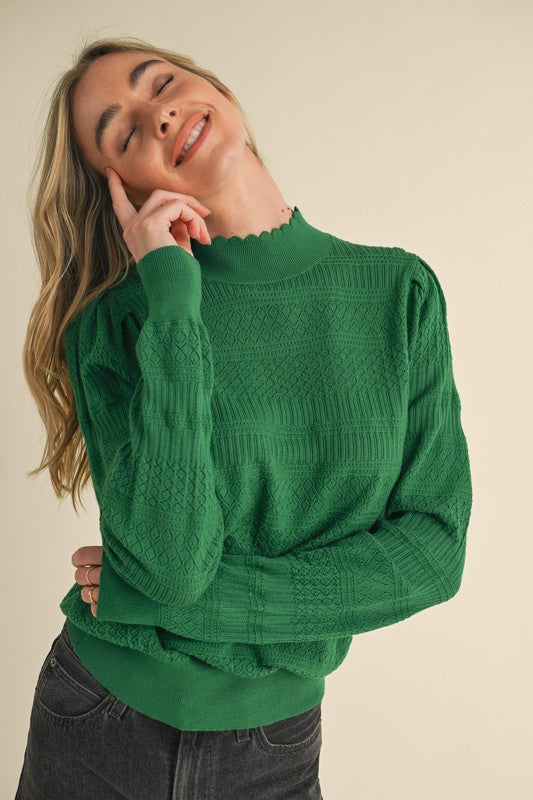 Pointelle Knit Mock Neck Sweater