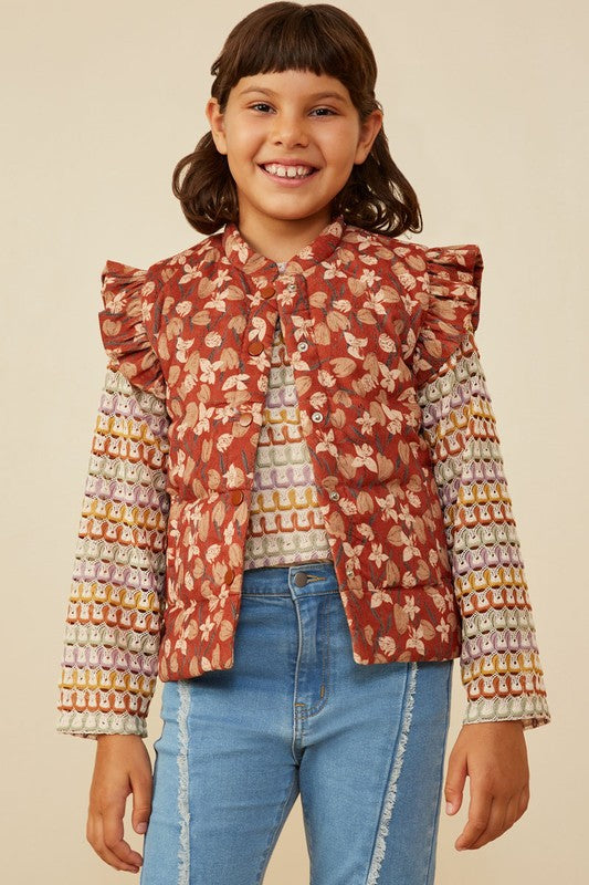 Girls Floral Ruffle Trim Puffer Vest