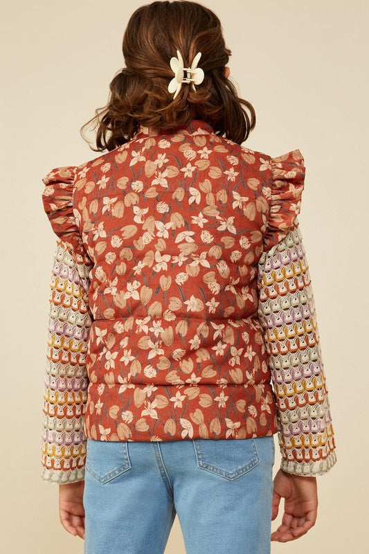 Girls Floral Ruffle Trim Puffer Vest