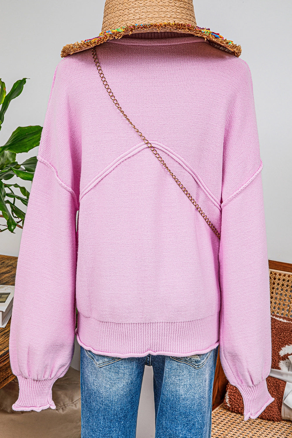 Raw Edge Ribbed Detail Drop Shoulder Sweater