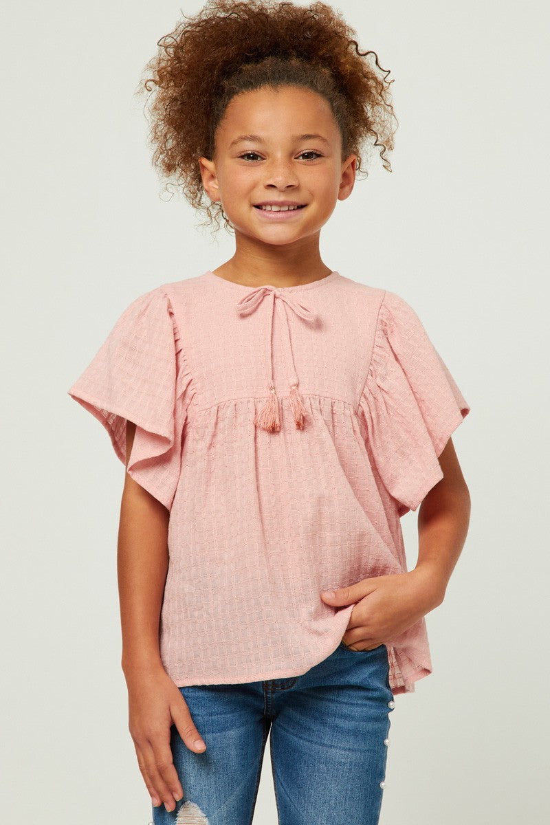 Girls Flutter Sleeve Tassel Detail Textured Top