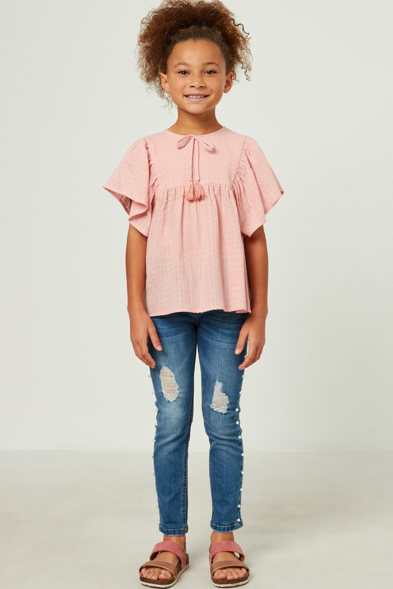 Girls Flutter Sleeve Tassel Detail Textured Top