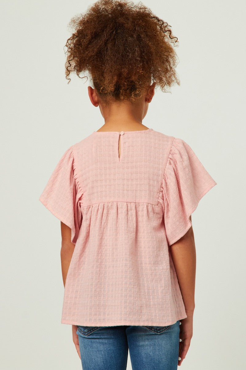 Girls Flutter Sleeve Tassel Detail Textured Top