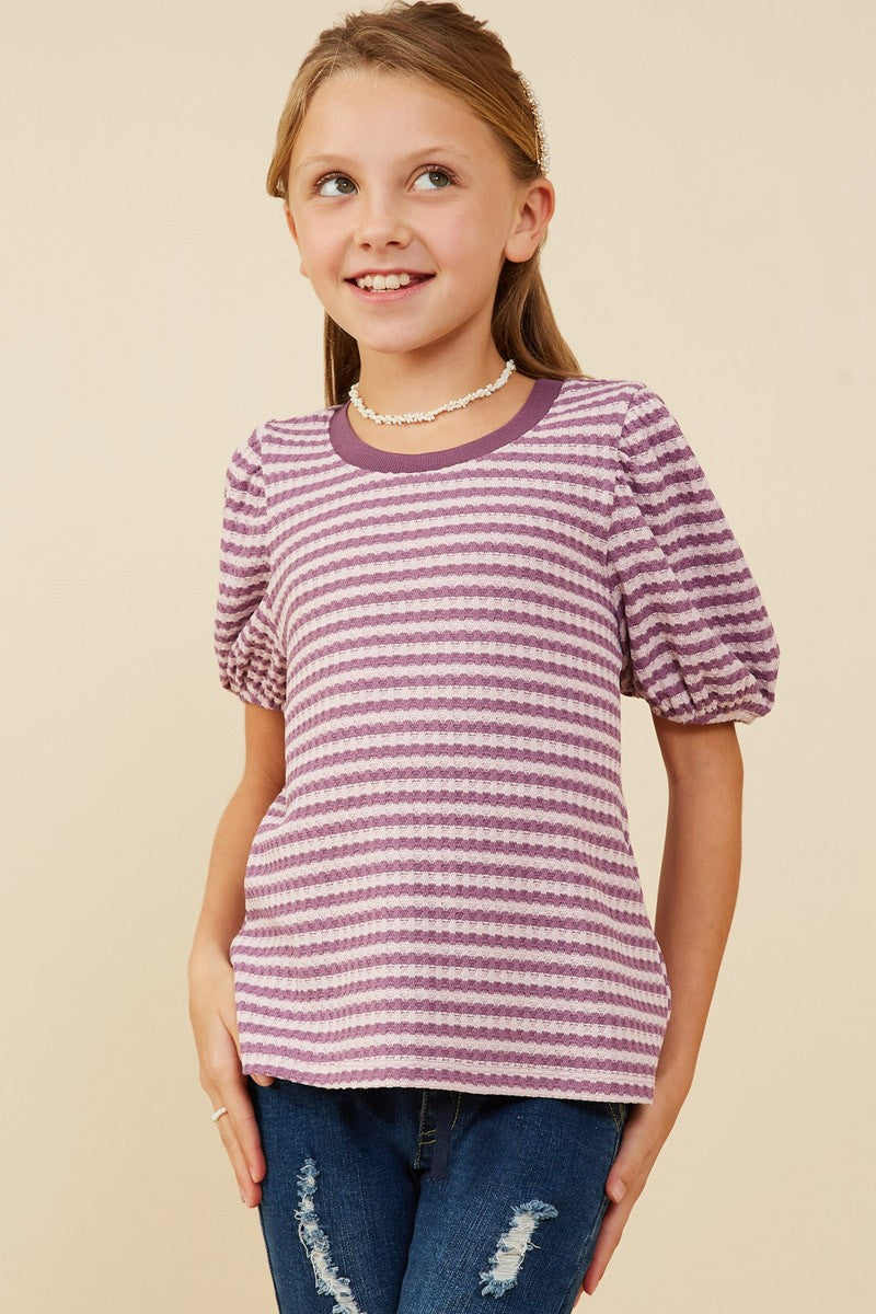 Girls Puff Sleeve Textured Stripe Knit Top