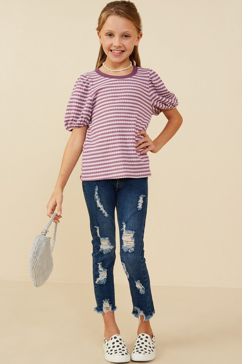 Girls Puff Sleeve Textured Stripe Knit Top