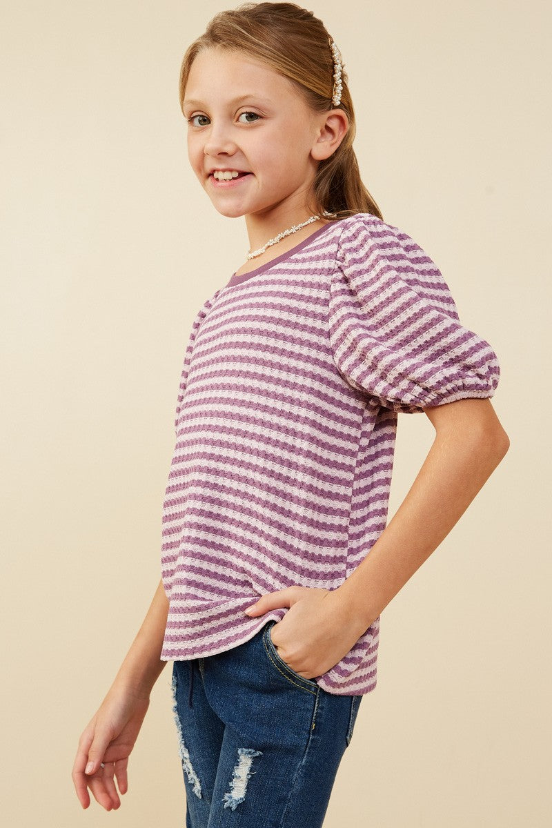 Girls Puff Sleeve Textured Stripe Knit Top