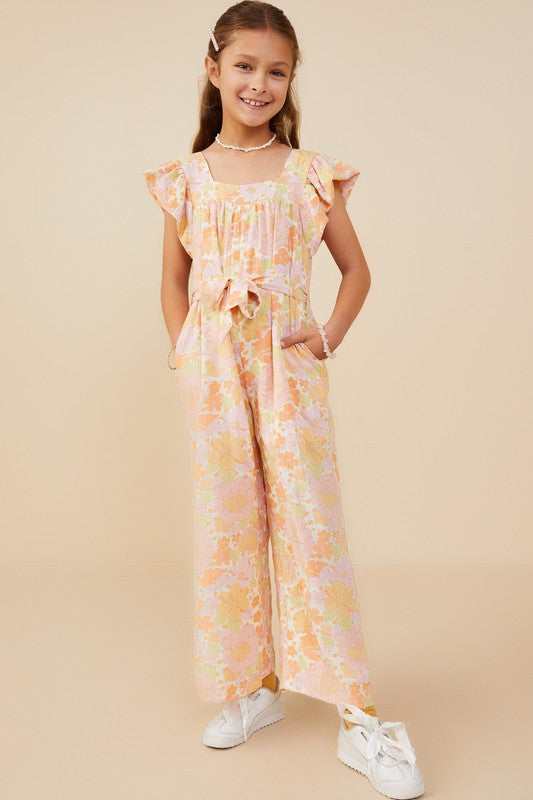 Girls Floral Wide Leg Belted Jumpsuit