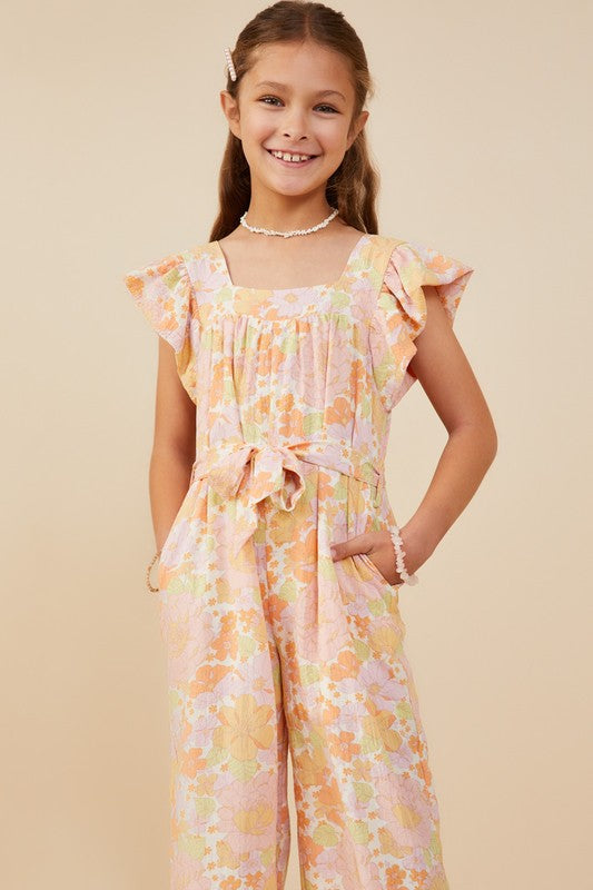 Girls Floral Wide Leg Belted Jumpsuit