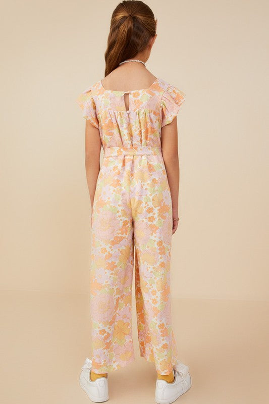 Girls Floral Wide Leg Belted Jumpsuit