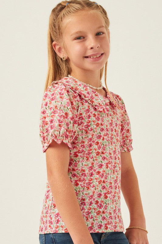 Girls Floral Peter Pan Collar Top