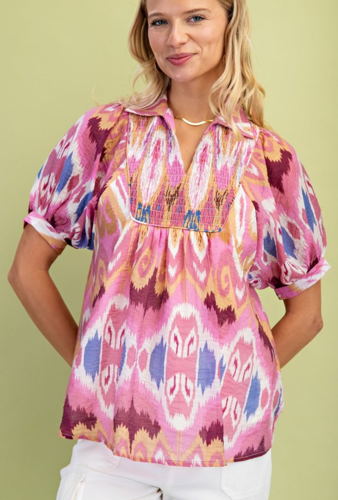 Pattern Smocked Yoke Top