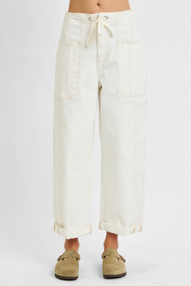 High Rise Crop Wide Leg Barrel Cargo Pocket Pants