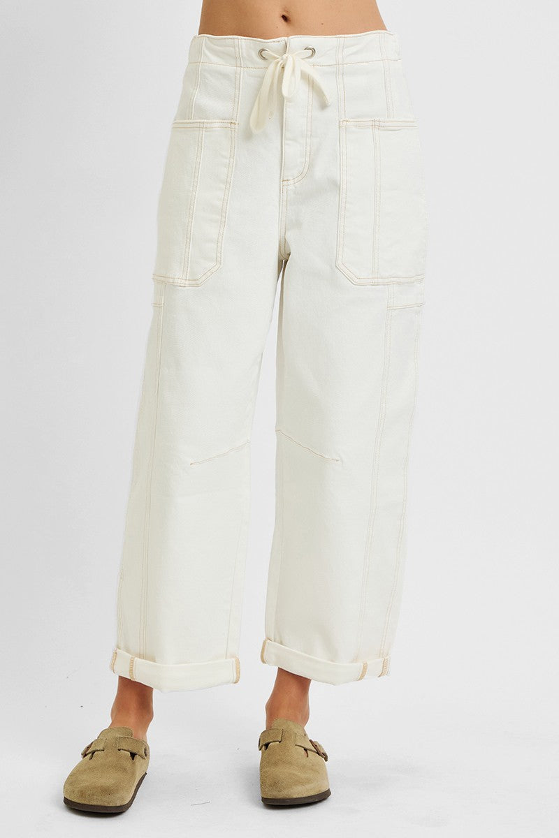 High Rise Crop Wide Leg Barrel Cargo Pocket Pants