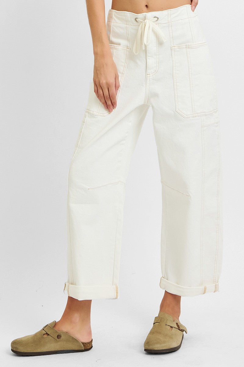 High Rise Crop Wide Leg Barrel Cargo Pocket Pants