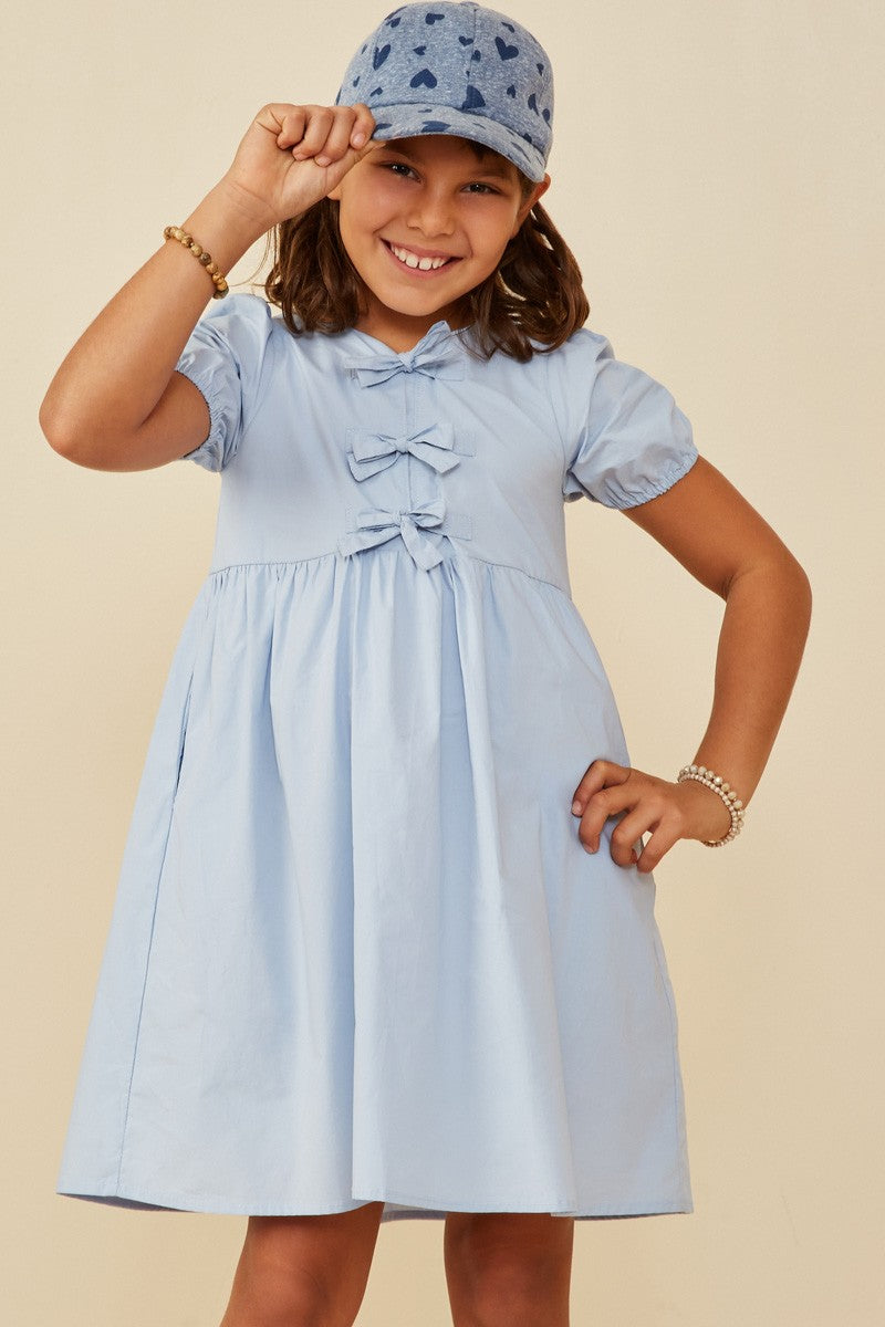 Girls Bow Detailed Puff Sleeve Dress