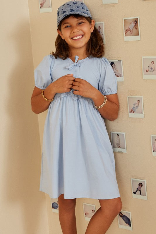 Girls Bow Detailed Puff Sleeve Dress