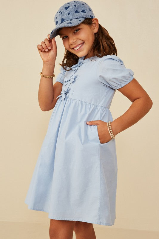 Girls Bow Detailed Puff Sleeve Dress