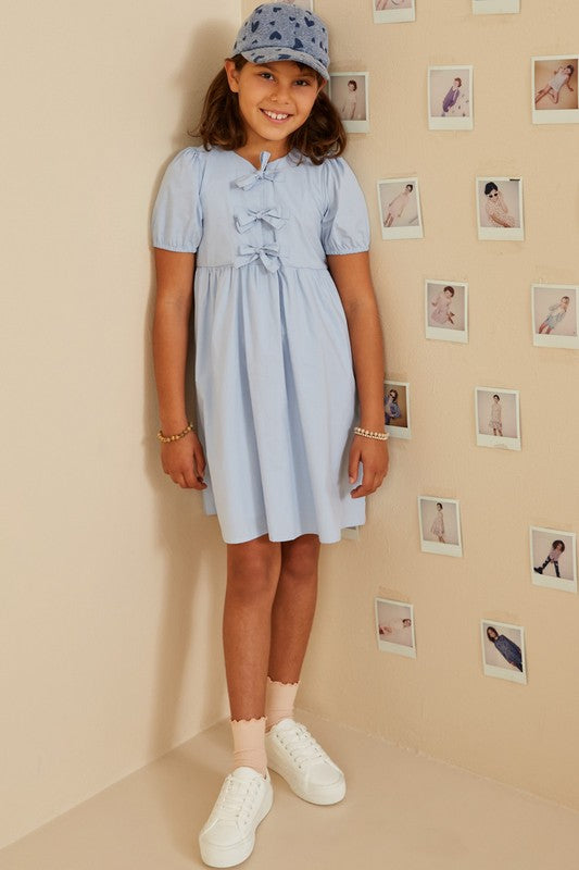 Girls Bow Detailed Puff Sleeve Dress