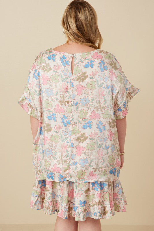 Plus Floral Ruffle Sleeve Foiled Top