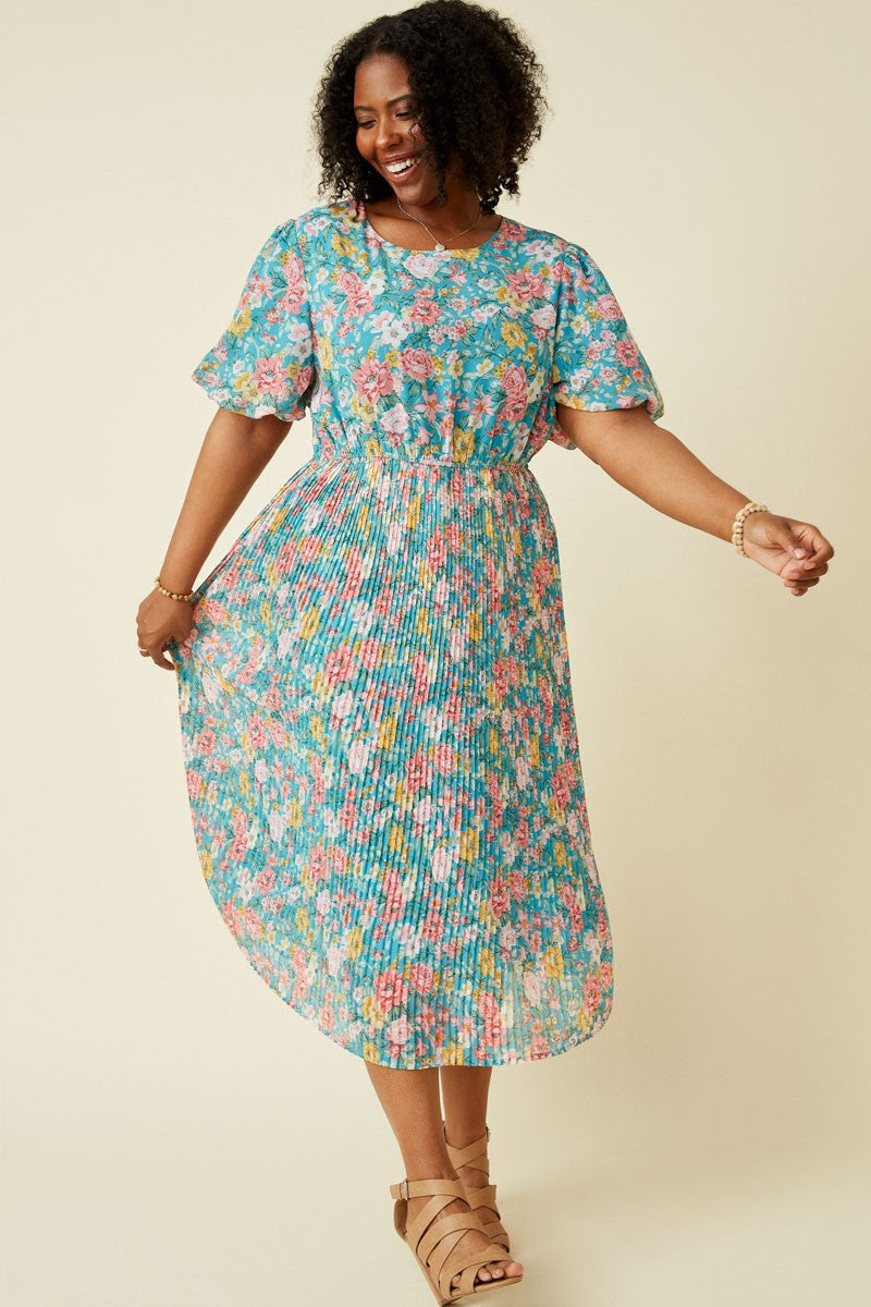 Plus Romantic Floral Puff Sleeve Pleated Skirt