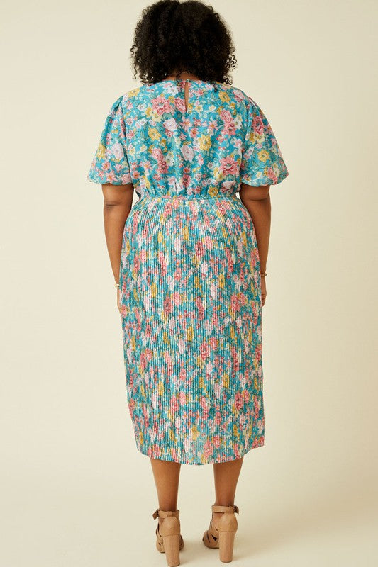 Plus Romantic Floral Puff Sleeve Pleated Skirt