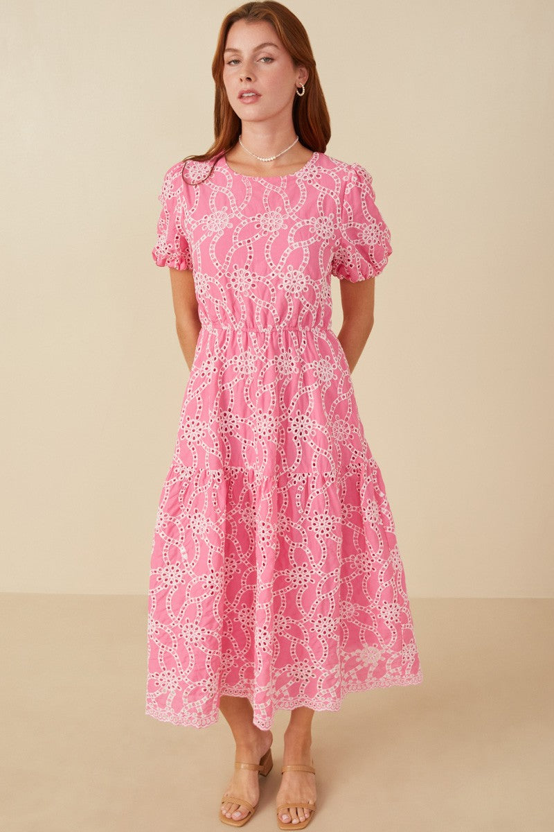 Womens Eyelet Patterned Puff Sleeve Scallop Dress