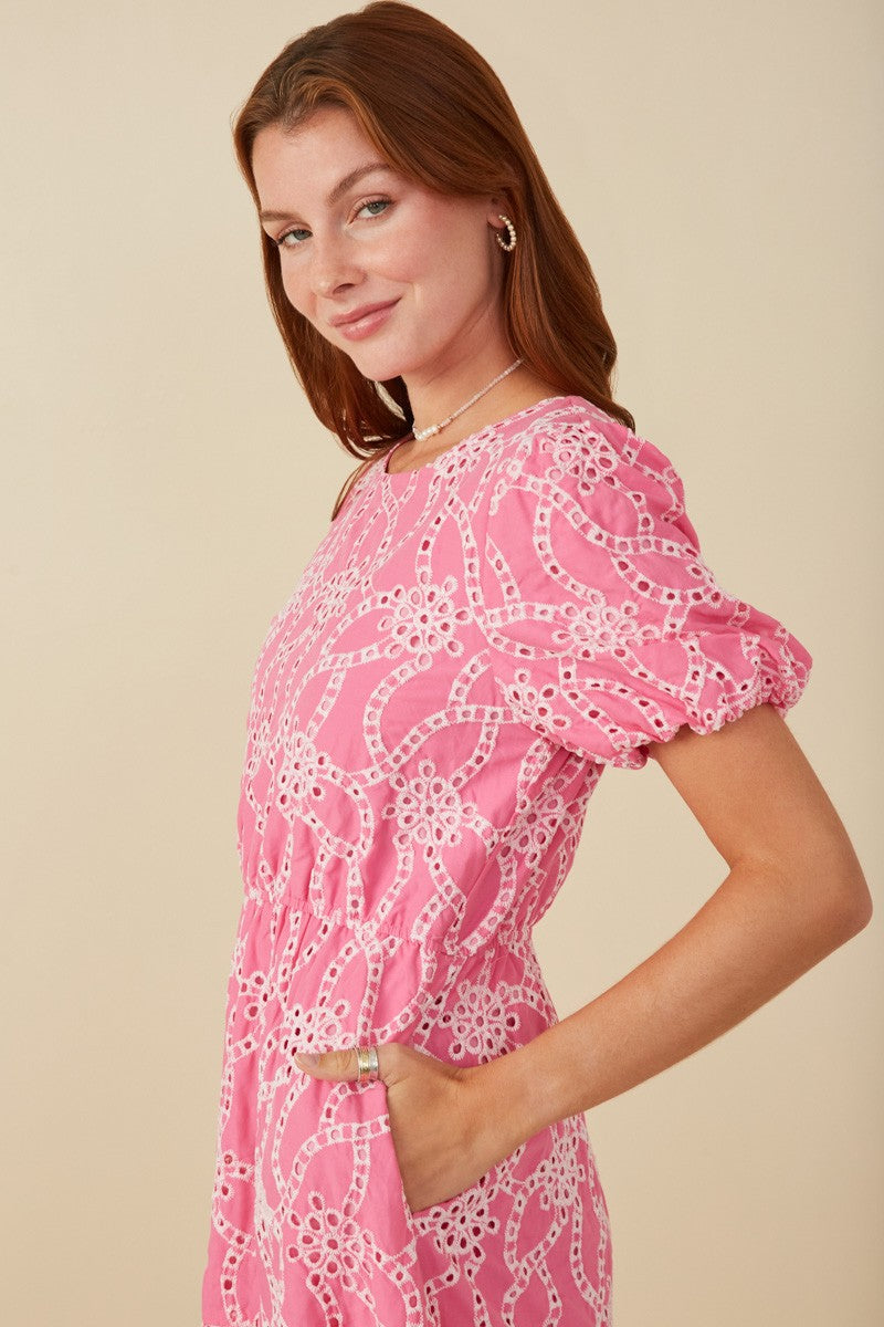 Womens Eyelet Patterned Puff Sleeve Scallop Dress