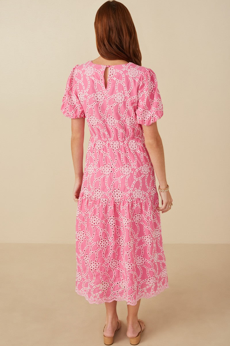 Womens Eyelet Patterned Puff Sleeve Scallop Dress