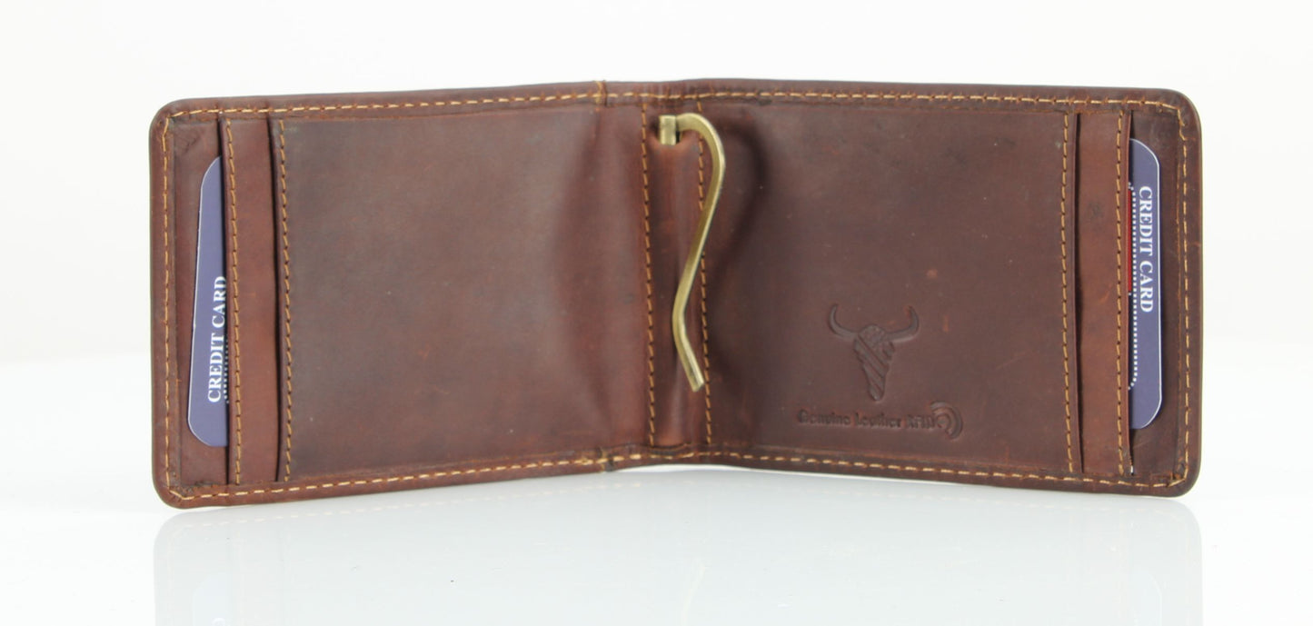 American Bison Leather Bi Fold Money Clip Wallet