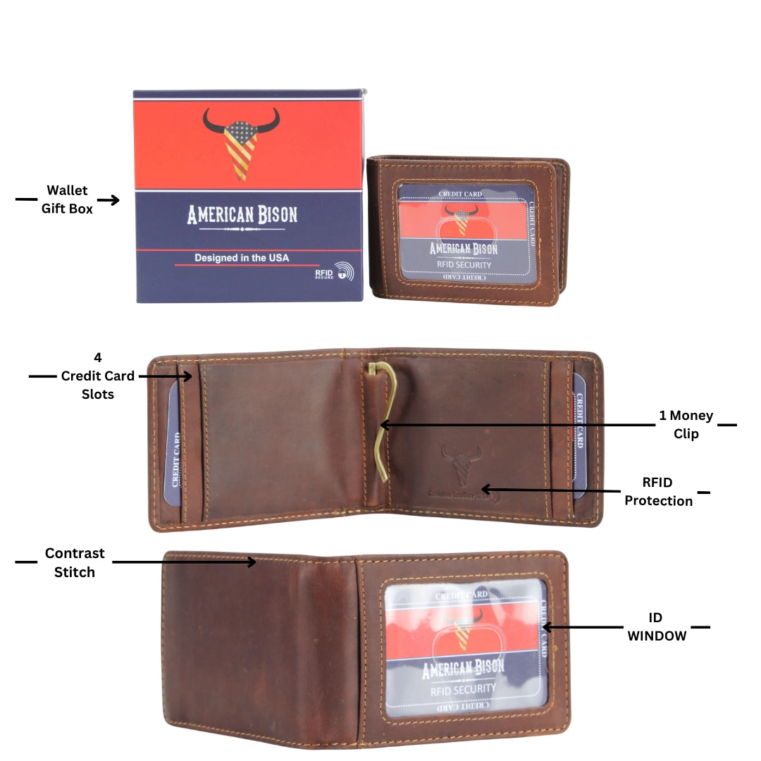 American Bison Leather Bi Fold Money Clip Wallet