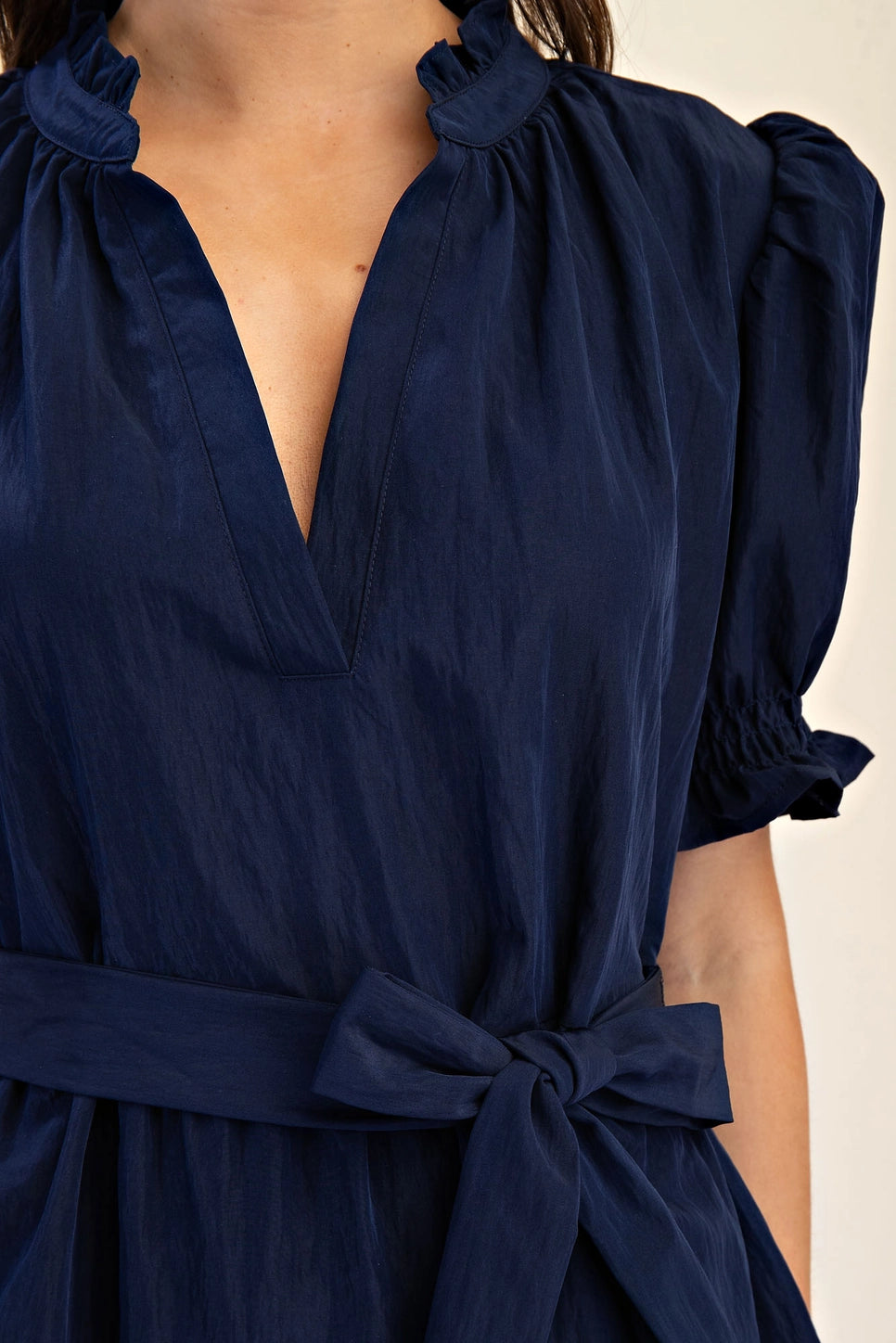 Ruffle Neck Puff Sleeve Mini Dress
