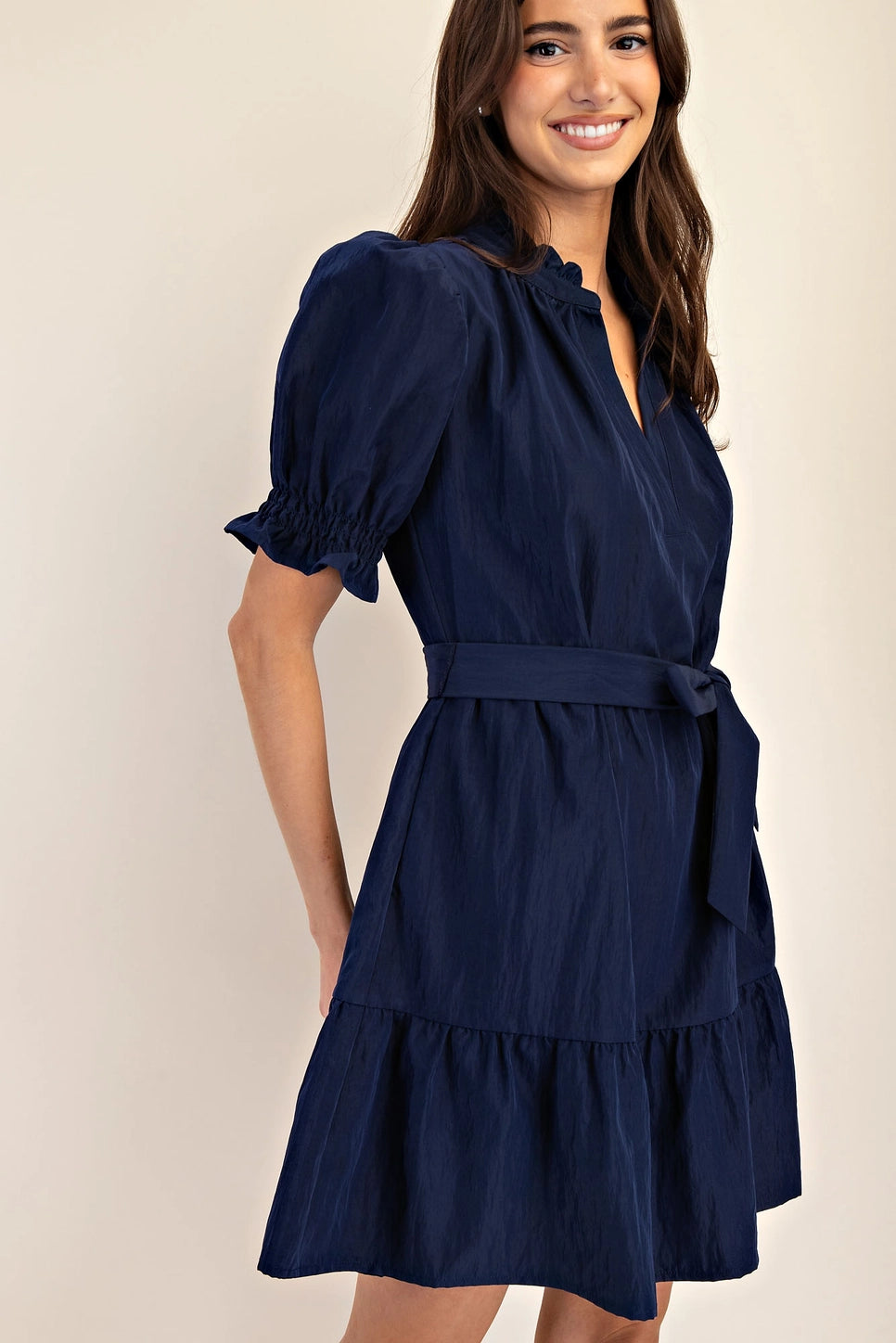Ruffle Neck Puff Sleeve Mini Dress