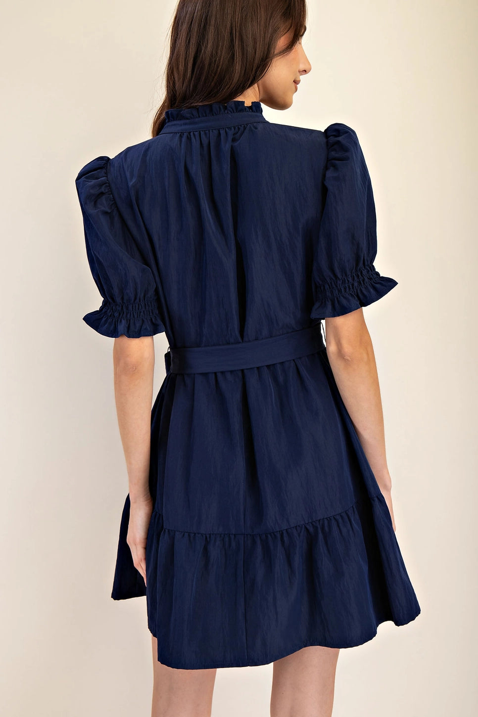 Ruffle Neck Puff Sleeve Mini Dress