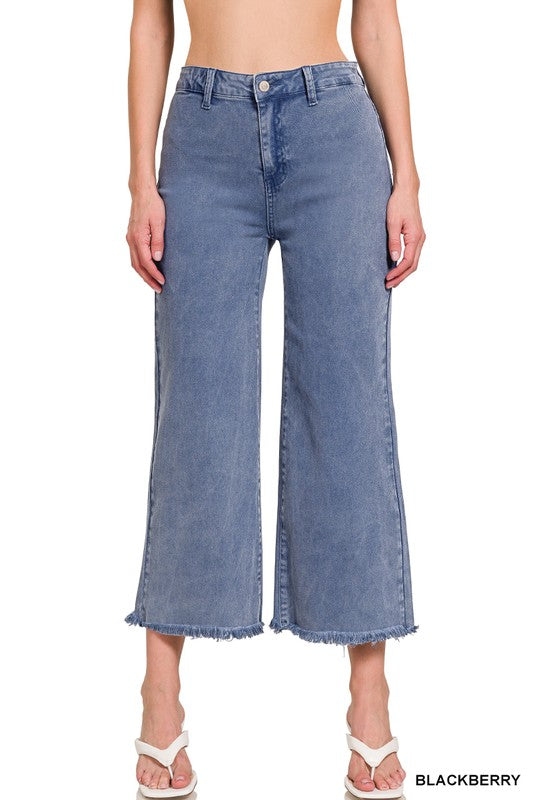 Zenana Acid Wash Frayed Hem Straight Pants