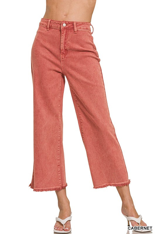 Zenana Acid Wash Frayed Hem Straight Pants