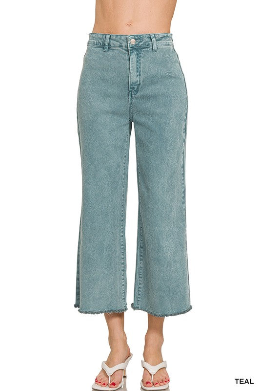 Zenana Acid Wash Frayed Hem Straight Pants