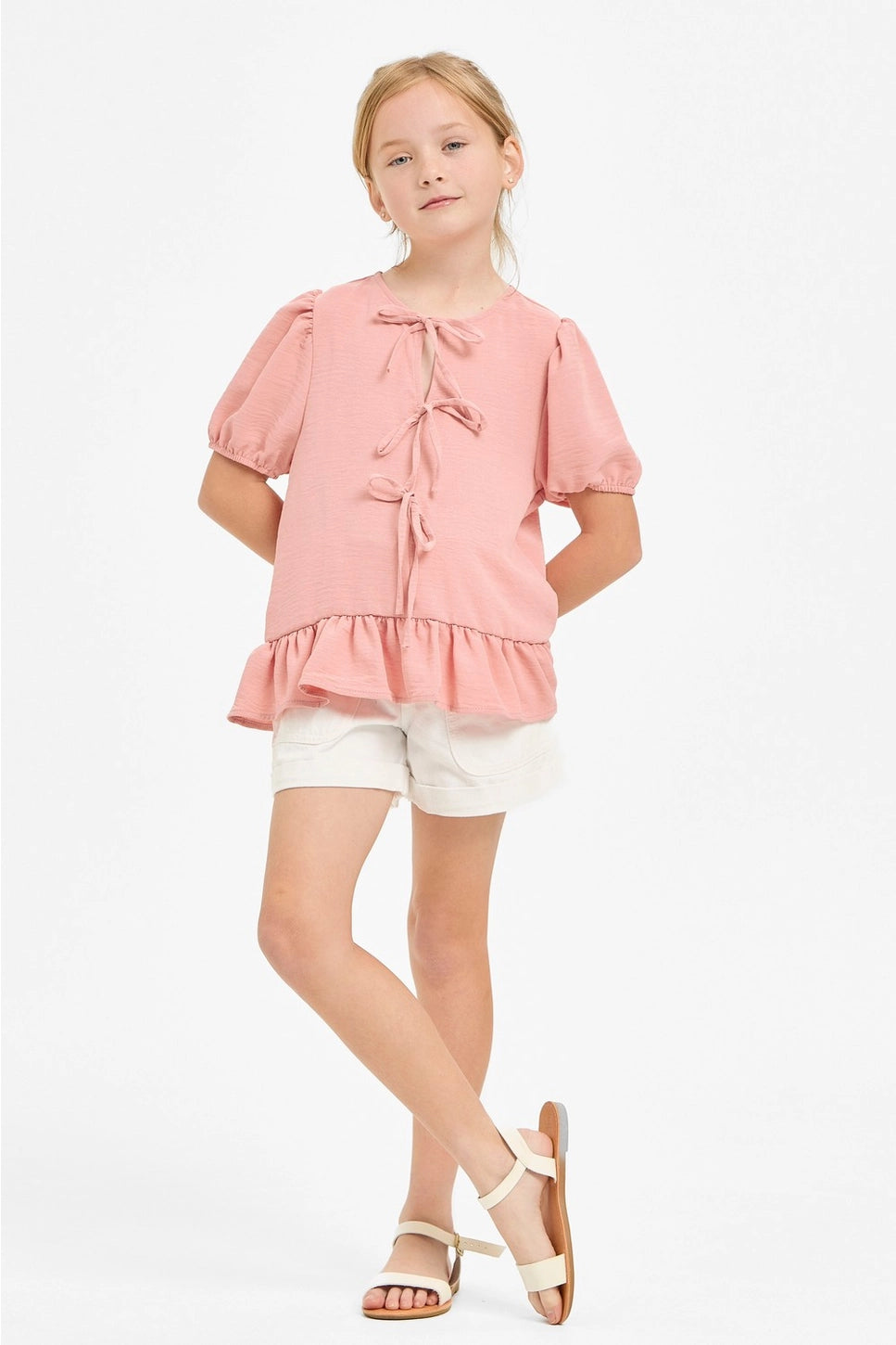 Girls Ribbon Tie Front Ruffle Blouse