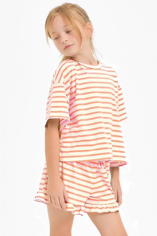 Girls Stripe Top and Ruffle Shorts Set