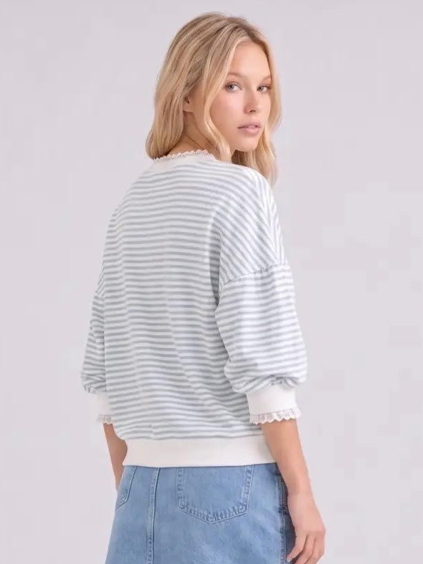 Striped Puff Sleeve Top with Lace Trim